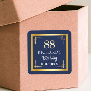 Elegant Blue Gold 88th Birthday Party Square Sticker