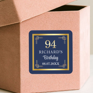 Elegant Blue Gold 94th Birthday Party Square Sticker