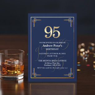 Elegant Blue Gold 95th Birthday Party Invitation