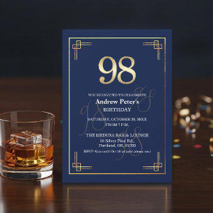 Elegant Blue Gold 98th Birthday Party Invitation