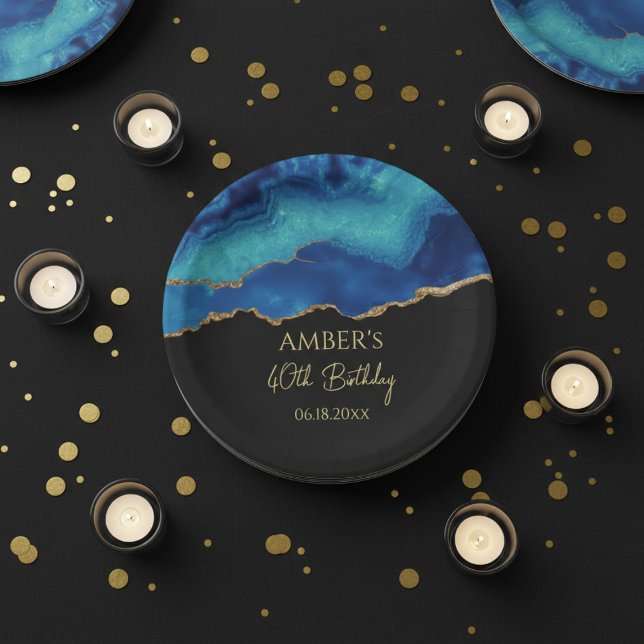 Elegant Blue Gold Abstract Marble Design Paper Plate (Creator Uploaded)