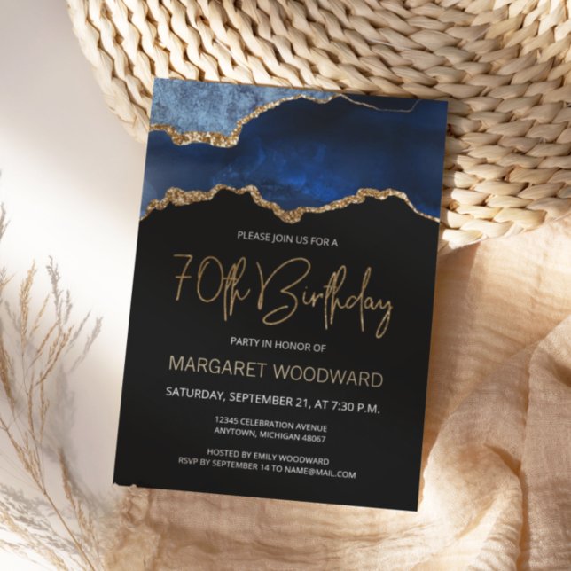 Elegant Blue Gold Agate 70th Birthday Invitation (Creator Uploaded)