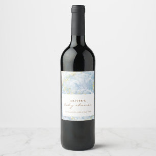 Elegant Blue Gold Agate Boy Baby Shower  Wine Label