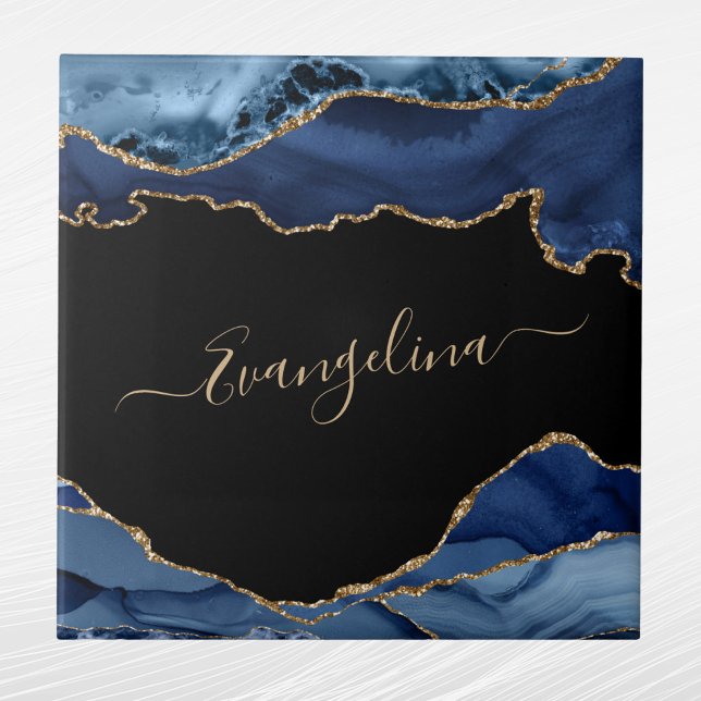 Elegant Blue Gold Agate Script Name Ceramic Tile (Creator Uploaded)
