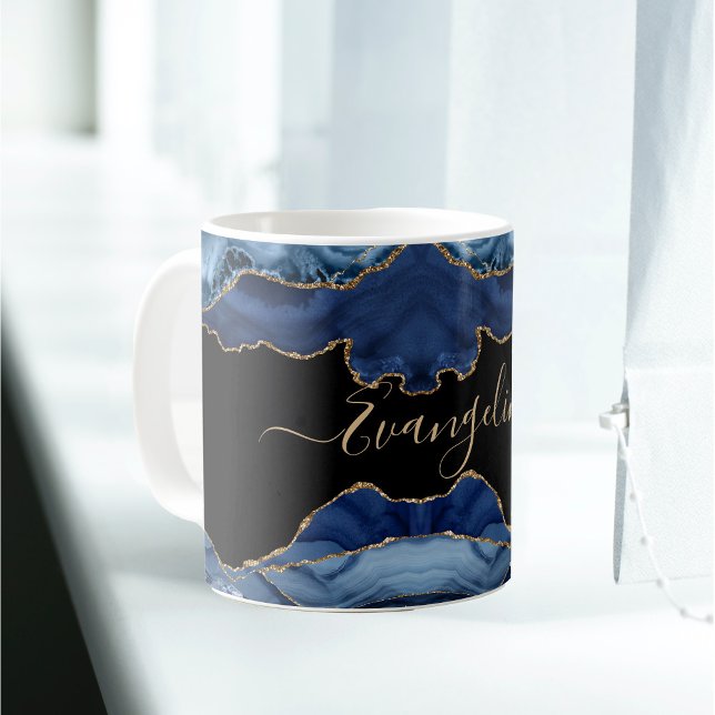 Elegant Blue Gold Agate Script Name Coffee Mug (Creator Uploaded)