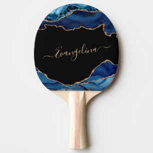 Elegant Blue Gold Agate Script Name Ping Pong Paddle
