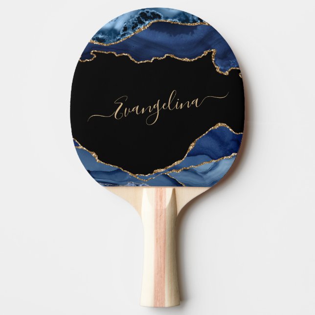 Elegant Blue Gold Agate Script Name Ping Pong Paddle (Front)
