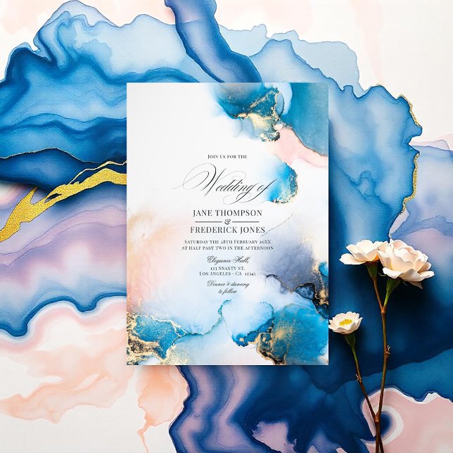 Elegant Blue & Gold Alcohol Ink with Blush Accents Invitation (Elegant Blue and Gold Alcohol Ink with Blush Accents Invitation)