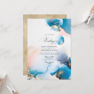 Elegant Blue & Gold Alcohol Ink with Blush Accents Invitation