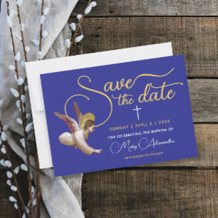 Elegant Blue Gold Angel Bless Baptism Christening Save The Date