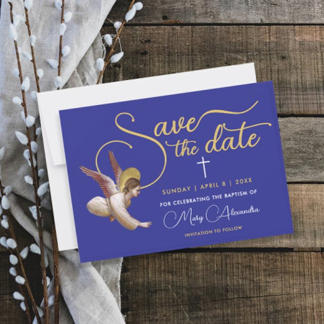 Elegant Blue Gold Angel Bless Baptism Christening Save The Date (Creator Uploaded)