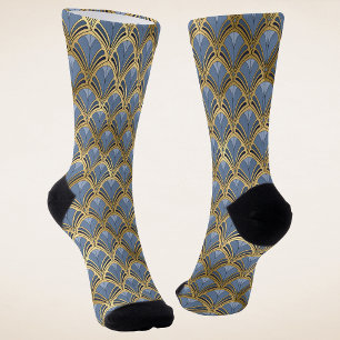 Elegant Blue Gold Art Deco Pattern Socks