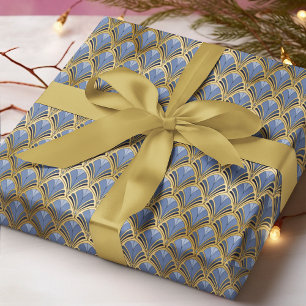 Elegant Blue Gold Art Deco Pattern Wrapping Paper