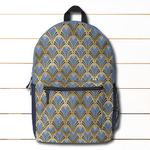 Elegant Blue Gold Art Deco Vintage Pattern Printed Backpack