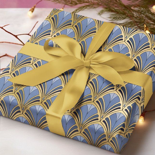 Elegant Blue Gold Art Deco Vintage Pattern Wrapping Paper (Creator Uploaded)