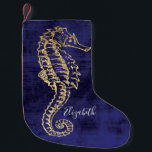 Elegant Blue Gold Beach  Sea Horse Small Christmas Stocking<br><div class="desc">Elegant blue,  gold and white cottage beach house style. Gold coloured sea horse with monogrammed name.</div>