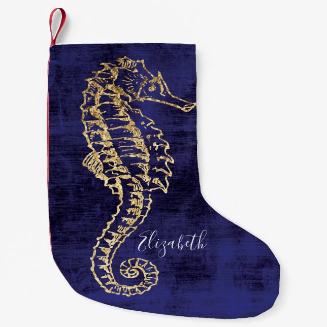 Elegant Blue Gold Beach  Sea Horse Small Christmas Stocking (Front)