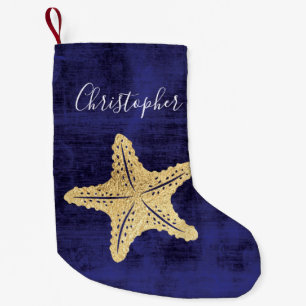 Elegant Blue Gold Beach Sea Star Monogrammed Small Christmas Stocking