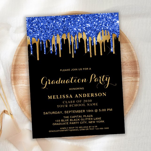 Elegant Blue Gold Black Glitter Drips Graduation Postcard (Creator Uploaded)