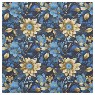 Elegant Blue & Gold Boho Chic Floral Pattern Fabric