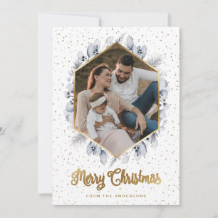 Elegant Blue Gold Botanical Geo Photo Christmas Holiday Card