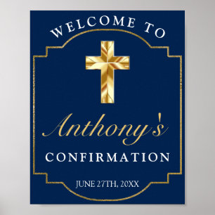 Elegant Blue Gold Boys Confirmation Welcome Poster