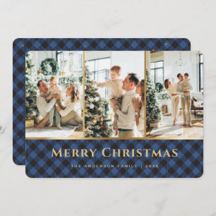 Elegant Blue Gold Buffalo Plaid Photo Christmas Holiday Card