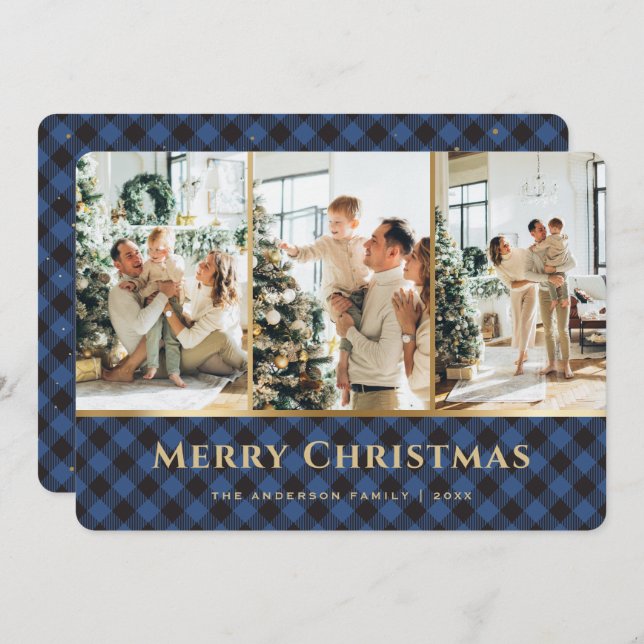Elegant Blue Gold Buffalo Plaid Photo Christmas Holiday Card (Front/Back)
