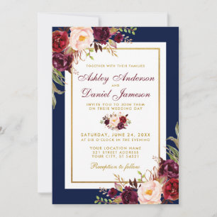 Elegant Blue Gold Burgundy Floral Wedding Invite