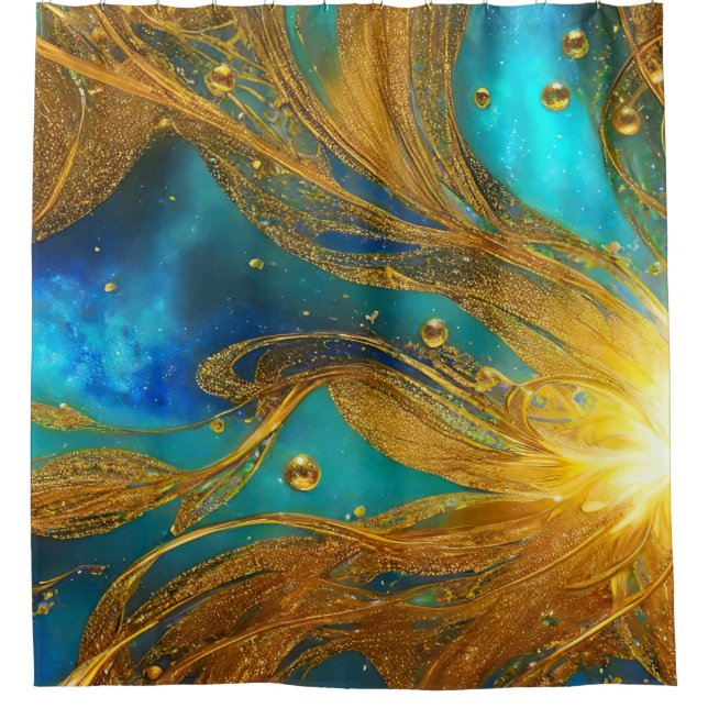 Elegant Blue Gold Burst Shower Curtain (Front)