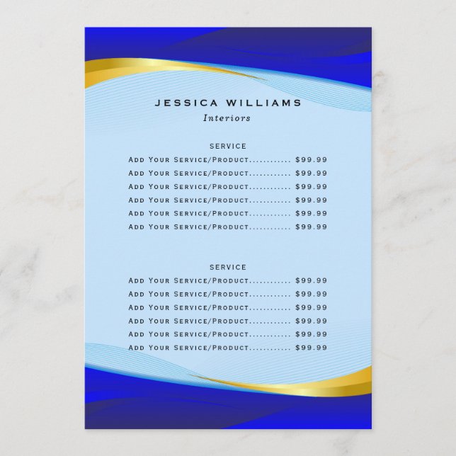 Elegant Blue Gold Business Price List Menu (Front)