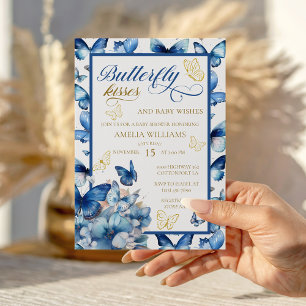 Elegant Blue Gold Butterfly Baby Shower Invitation