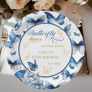 Elegant Blue Gold Butterfly Baby Shower Paper Plate