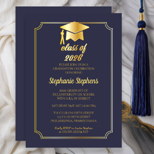 Elegant Blue   Gold Cap College Graduation Party Invitation