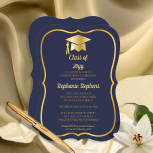 Elegant Blue Gold Cap Graduation Party Invitation