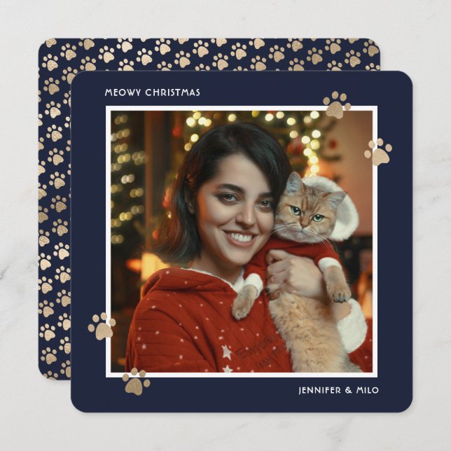 Elegant Blue Gold Cat Owner Photo Meowy Christmas Holiday Card (Front/Back)