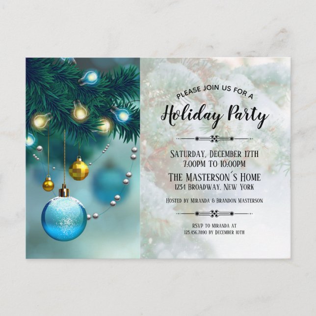 Elegant Blue Gold Christmas Baubles Holiday Party Invitation Postcard (Front)