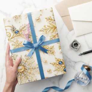 Elegant Blue Gold Christmas Ornament Wrapping Pape Paper