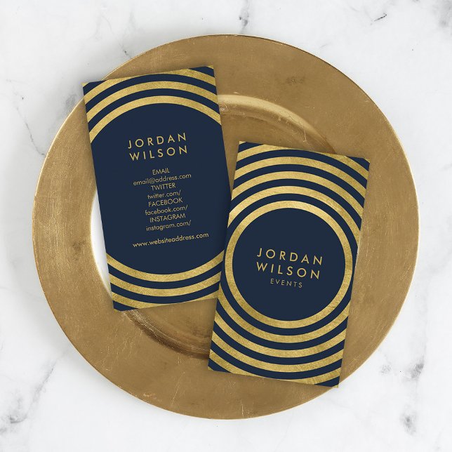 Elegant Blue Gold Circles Geometric Social Media Business Card (Creator Uploaded)
