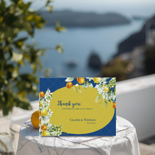 Elegant Blue Gold Citrus Floral Wedding Thank You Postcard