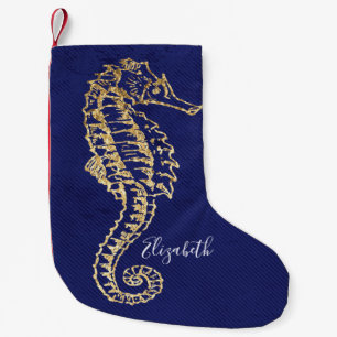 Elegant Blue Gold Coastal Beach Sea Horse Small Christmas Stocking