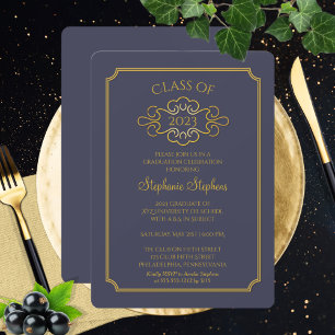 Elegant Blue Gold College Graduation Party Invitation