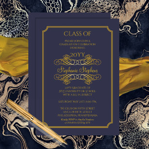 Elegant Blue   Gold College Graduation Party Invitation