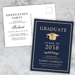 Elegant Blue Gold College Graduation Party Invitation Postcard