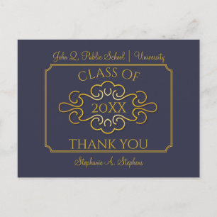 Elegant Blue   Gold College Graduation Thank You Postcard