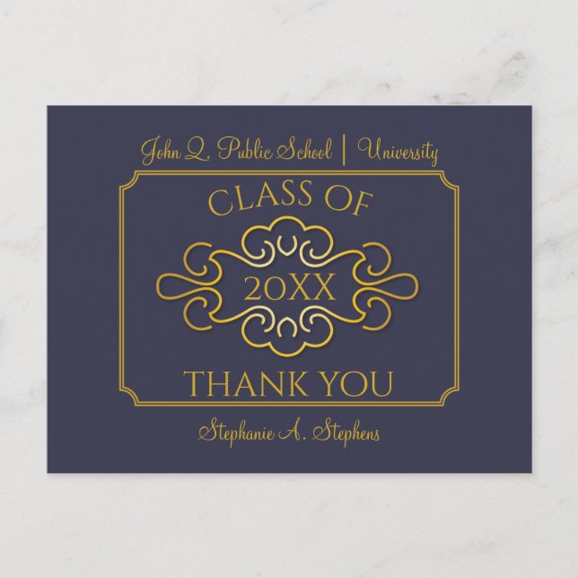 Elegant Blue | Gold College Graduation Thank You Postcard (Front)