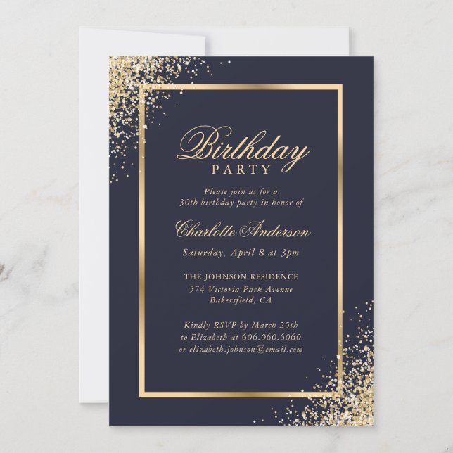 Elegant Blue Gold Confetti Birthday Party Invitation (Front)