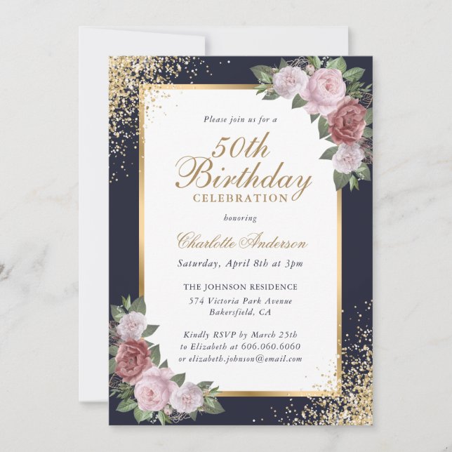 Elegant Blue Gold Confetti Floral 50th Birthday Invitation (Front)