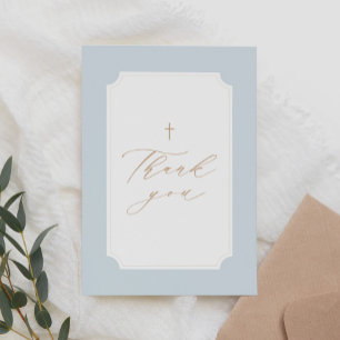 Elegant Blue Gold Cross Boy Baptism Thank You Card