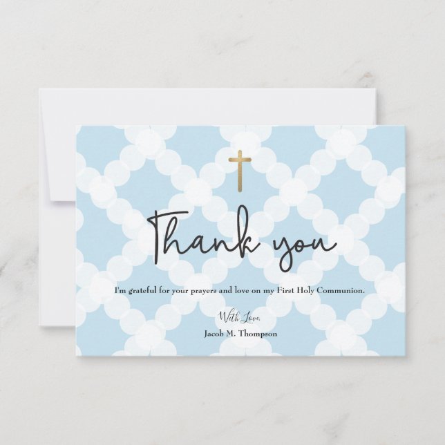 Elegant Blue Gold Cross Boy First Communion Thank You Card (Front)